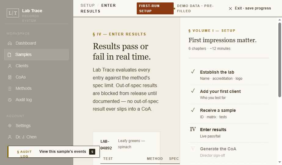 Results entry screen with a pass badge next to a numeric result inside the specification limit.