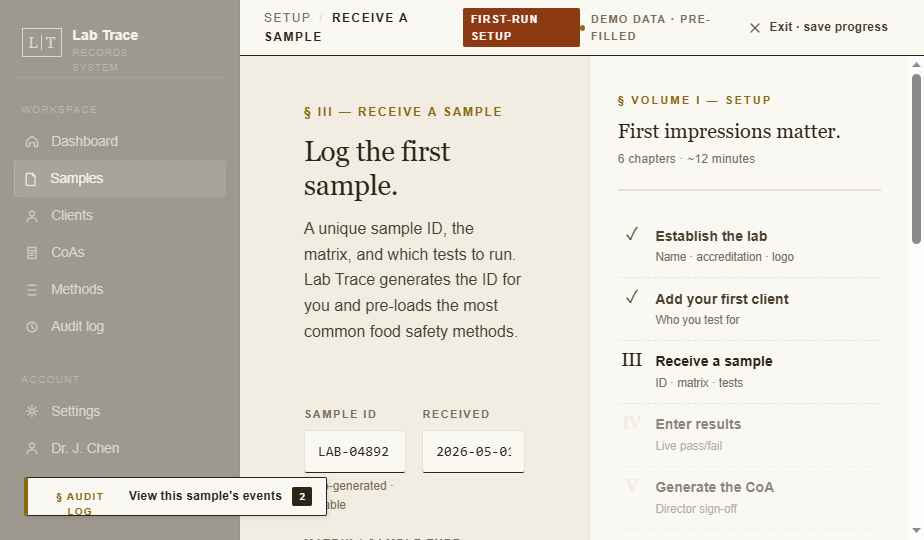 Sample intake screen showing a newly logged sample with client, sample type, and tests ordered.